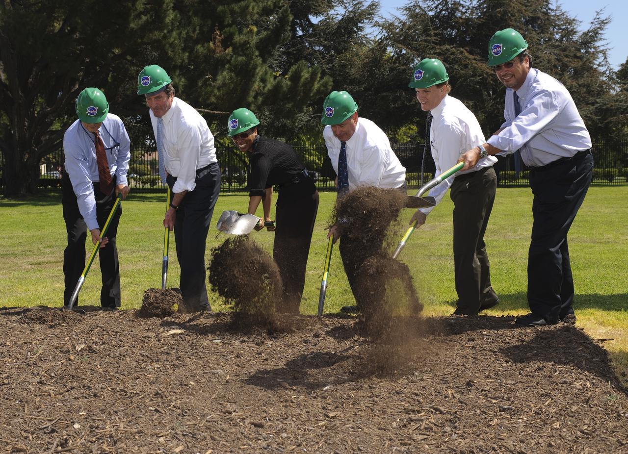Sustainability Base Ground Breaking ceremony with Steve Zornetzer, Associate Director Ames Research Center, Lt. Governor John Garamendi of California, Jane Grant, Architect AECOM, Pete Worden, Director Ames Research Center, Kenvin Burke,  Swinerton Builders Rep. ready to turn the first shovel.