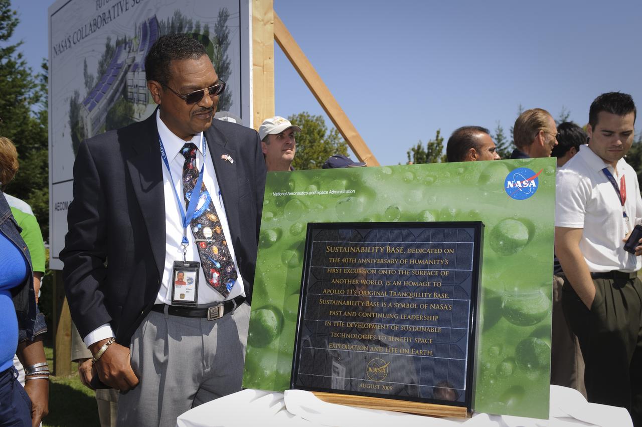 Sustainability Base Ground Breaking ceremony Lewis Braxton III, Deputy Director Ames Research Center with dedication plaque