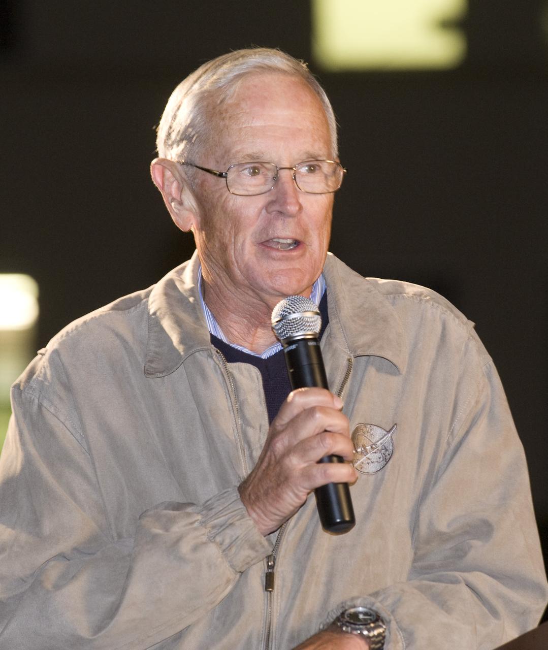 LCROSS Impact Night: Guest Speaker Charlie Duke, A pollo 16 astronaut (moonwalker) address the crowd during the all night public event.