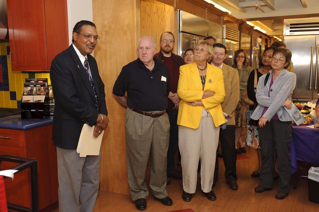 Ames 70 Year Anniversary Exhibit in downtown Mountain View, California. Grand Opening at Meyer Appliance, Castro Street. Lewis Braxton III, Ames Deputy Center Director opens exhibit.