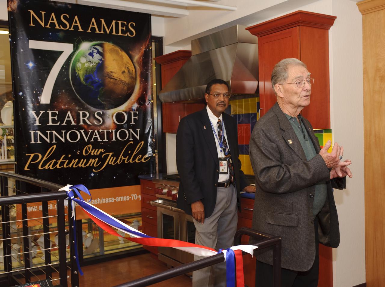 Ames 70 Year Anniversary Exhibit in downtown Mountain View, California. Grand Opening at Meyer Appliance, Castro Street. Jack Boyd, Ames Special Advisor to the Director and Historian, gives a brief hisory.