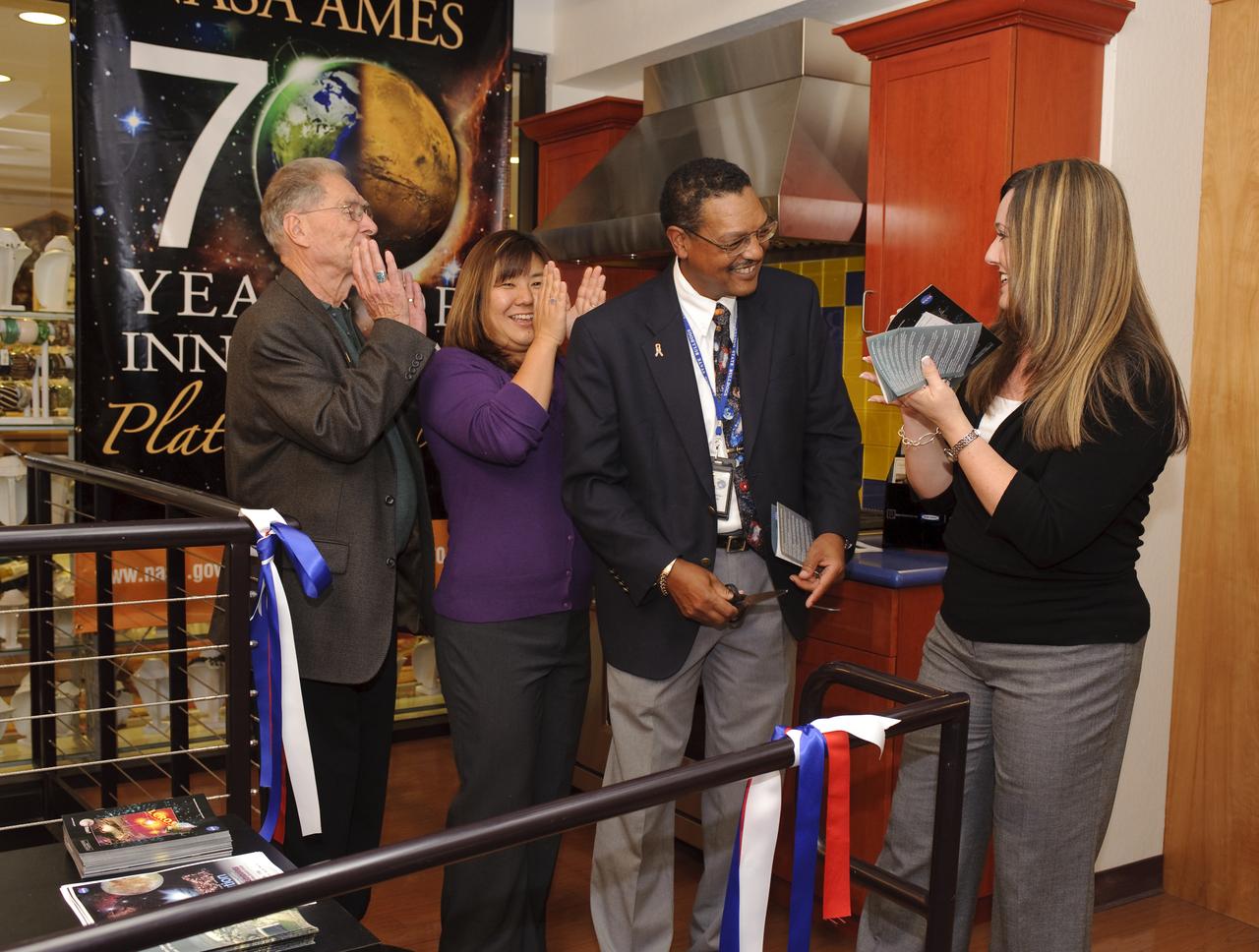 Ames 70 Year Anniversary Exhibit in downtown Mountain View, California. Grand Opening at Meyer Appliance, Castro Street.  Ribbon Cutting ceremony for exhibit, With Jack Boyd, Mt View Mayor, Lewis Braxton III and