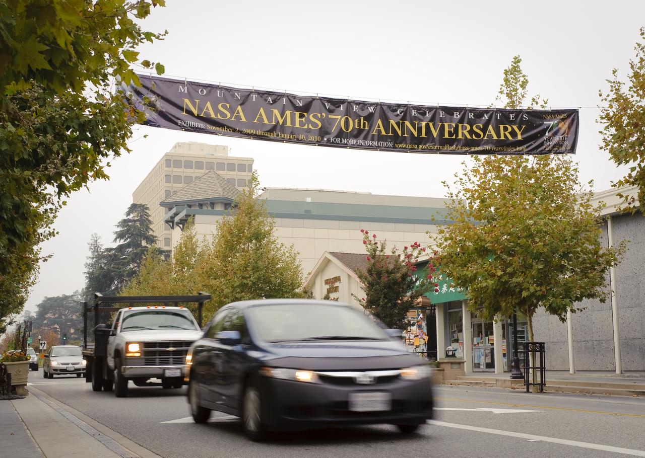 Ames 70 Year Anniversary Exhibit in downtown Mountain View, California. The banner across Castro Street.