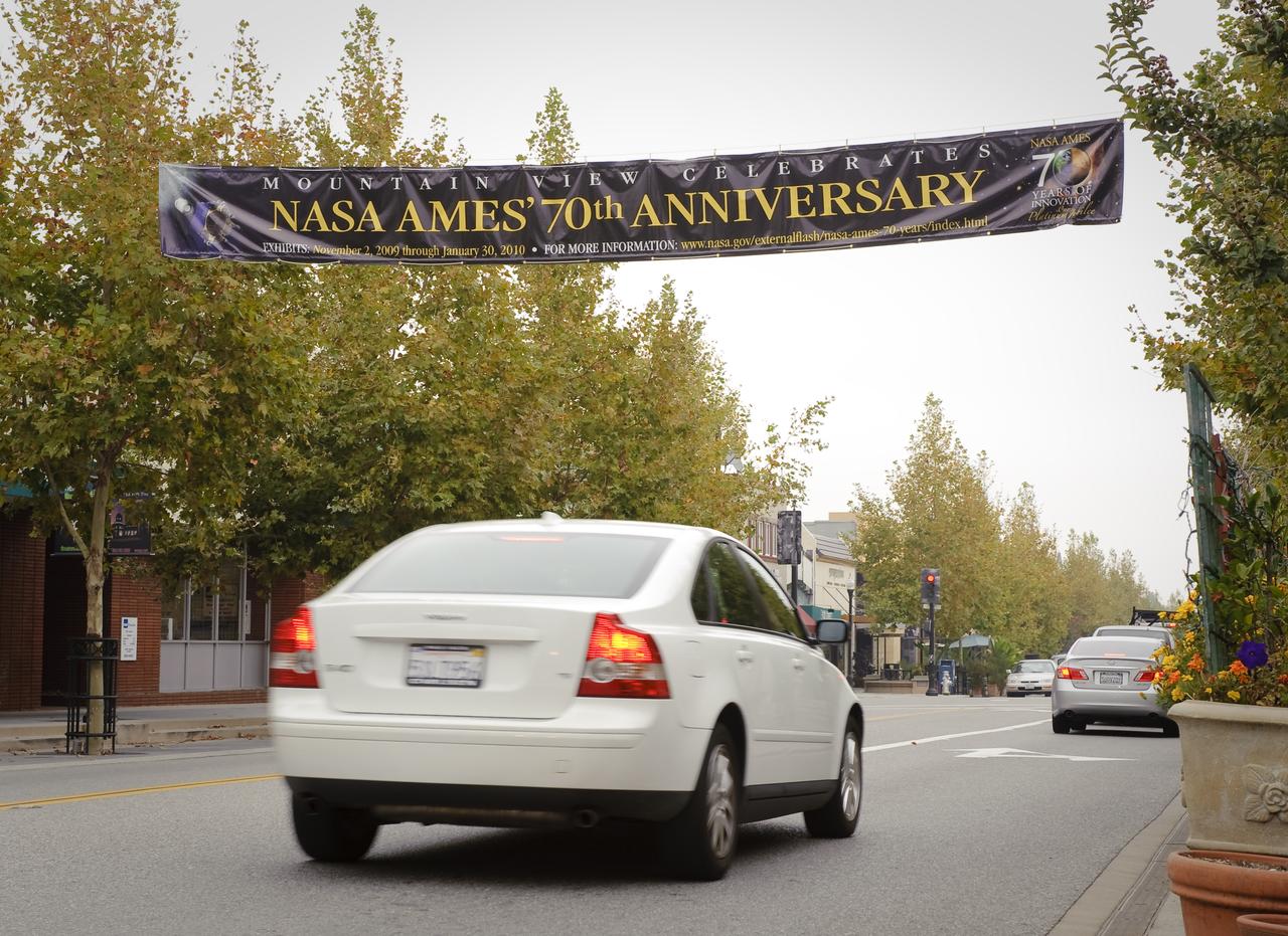 Ames 70 Year Anniversary Exhibit in downtown Mountain View, California. The banner across Castro Street.