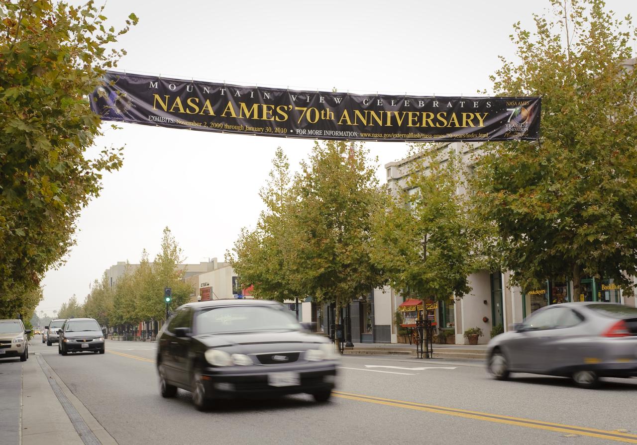 Ames 70 Year Anniversary Exhibit in downtown Mountain View, California. The banner across Castro Street.