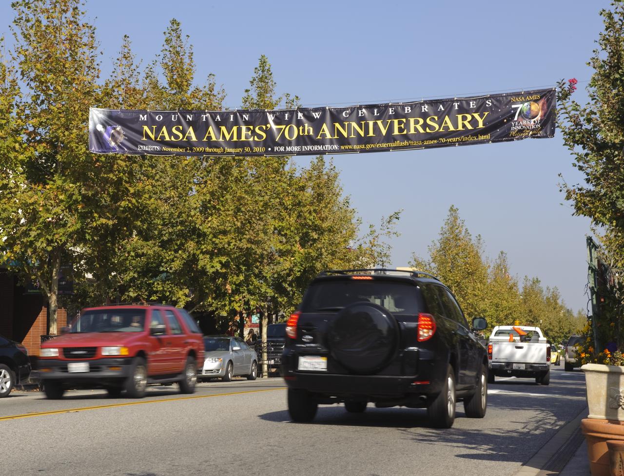 Ames 70 Year Anniversary Exhibit in downtown Mountain View, California. The banner across Castro Street.