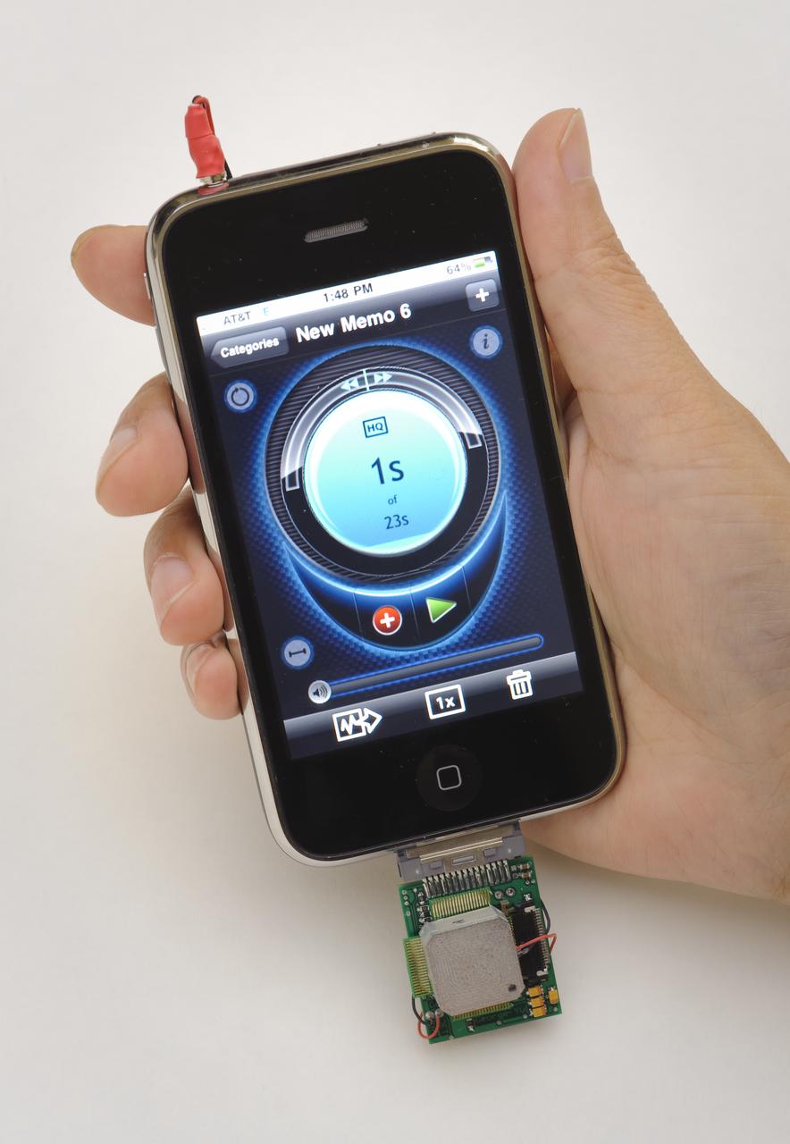 A Nanosensor Device for Cellphone Intergration and Chemical Sensing Network. iPhone with sensor chip, data aquisition board and sampling jet.(Note 4-4-2012:High Sensitive, Low Power and Compact Nano Sensors for Trache Chemical Detection' is the winner of  the Government Invention of the Year Award 2012 (winning inventors Jing Li and Myya Meyyappan, NASA/ARC, and Yijiang Lu, University of California Santa Cruz. )