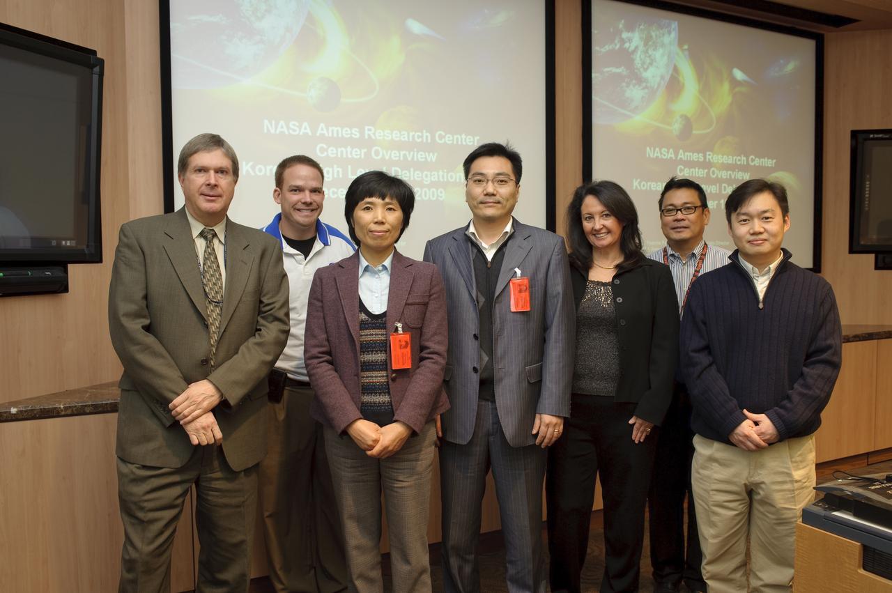 Korean High Level Delegation Visit Ames Certer Director and variou Senior staff: from left to right; Gary Martin, Director of New Ventures and Communication, NASA. Ames, Chris Giulietti, NASA Headquarters, Soon-Duk Bae, Deputy Director, Big Science Policy Division, Ministry of Educaiton, Science Technology, Young-Mok Hyun, Deputy Director, Space Development Division, Ministry of Educaiton, Science Technology, Yvonne Pendleton, Director of Lunar Science Institute, Terry Pagaduan, Ames Government Relations/Legislative Affairs Office, Seorium Lee, Senior Researcher, International Relations Korea Aerospace Research Institute