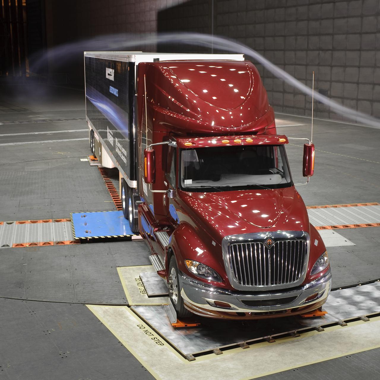 Lawrence Livermore National Labs (LLNL), Navistar and the Department of Energy conduct tests in the NASA Ames National Full-scale Aerodynamic Complex 80x120_foot wind tunnel. The LLNL project is aimed at aerodynamic truck and trailer devices that can reduce fuel consumption at highway speed by 10 percent. Smoke test demo.