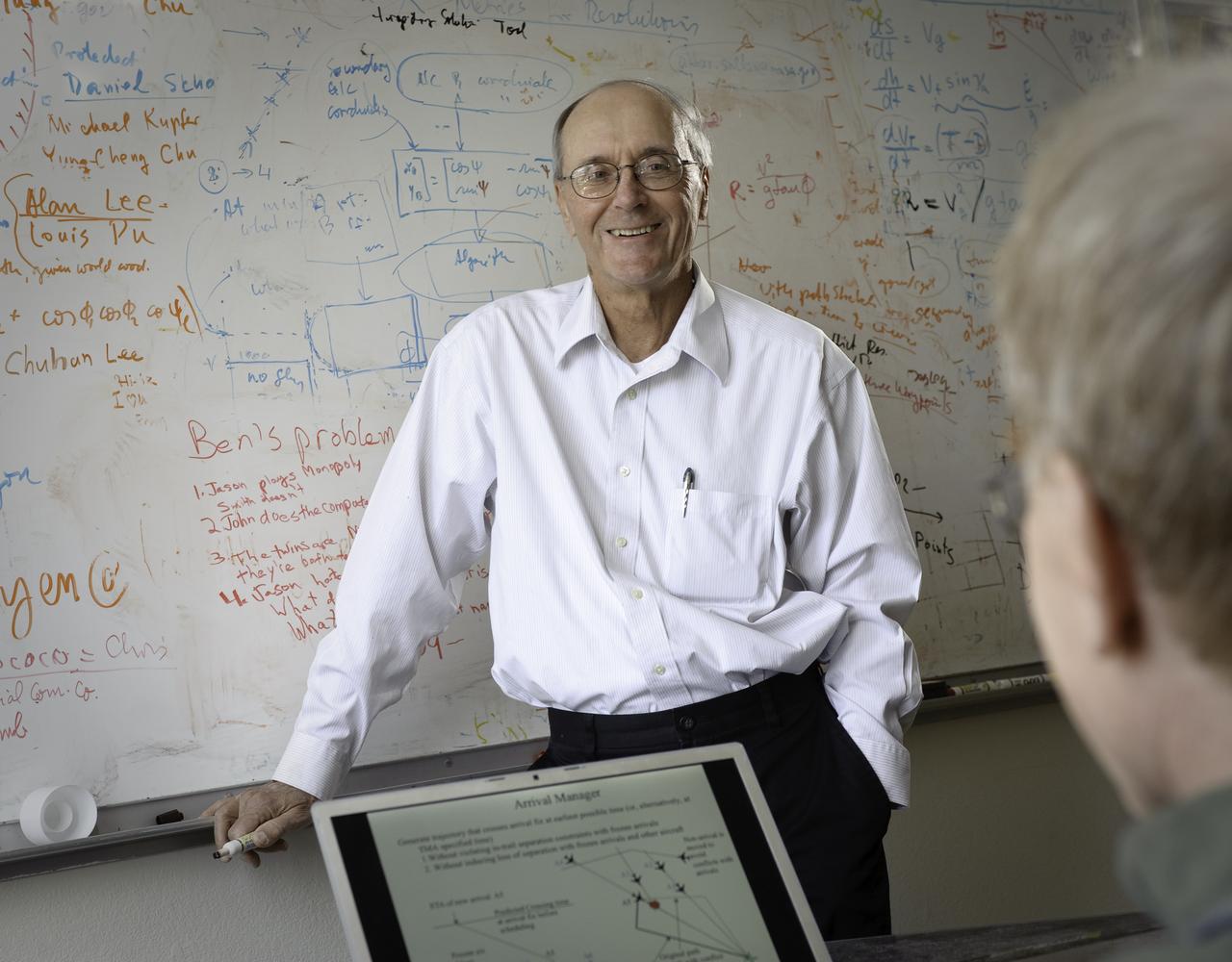 Portrait Heinz Erzberger in office at white board  (for use in the Directory of the National Academy of Engineering)