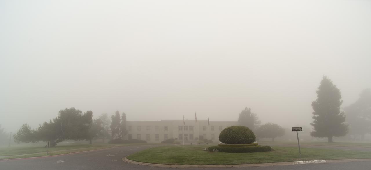 Ames Administration building N-200 on Bush Circle on a foggy morning