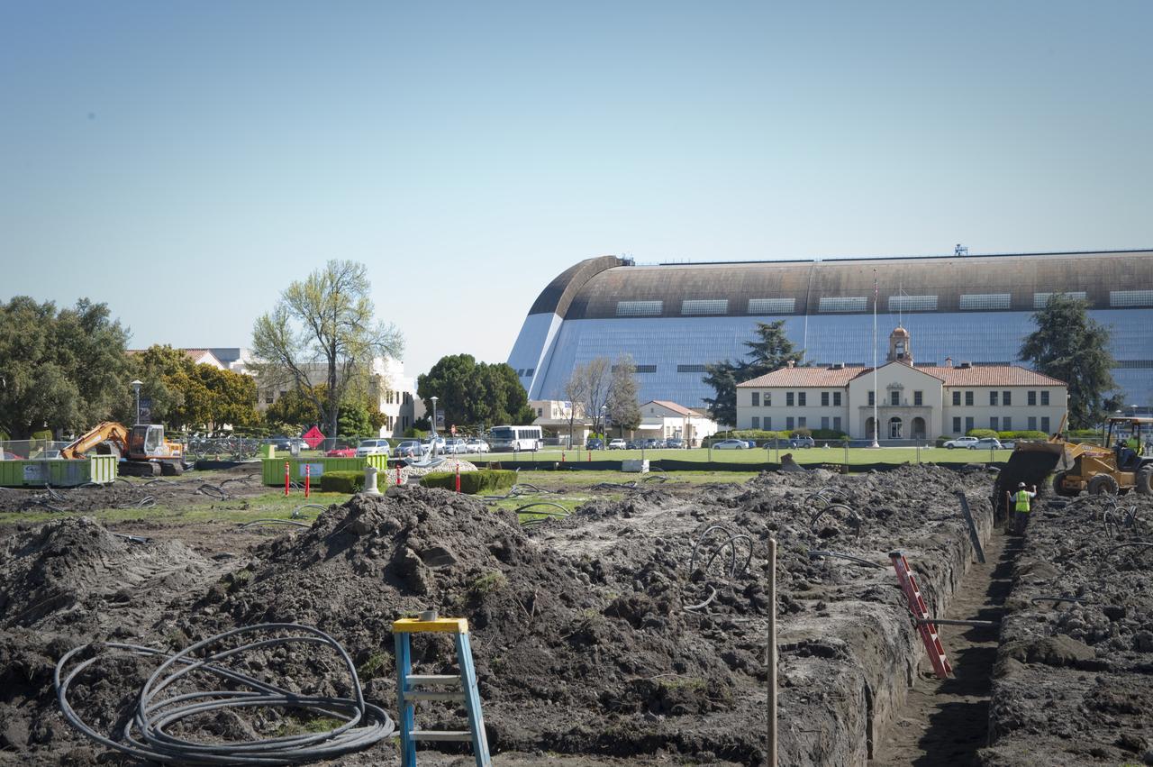 Construction of the new NASA Ames Green Building dubbed Sustainability Base located on the Ames Research Center campus at Moffett Field, CA. Thermal wells dug at the north end of Shenandoah Parade Grounds.