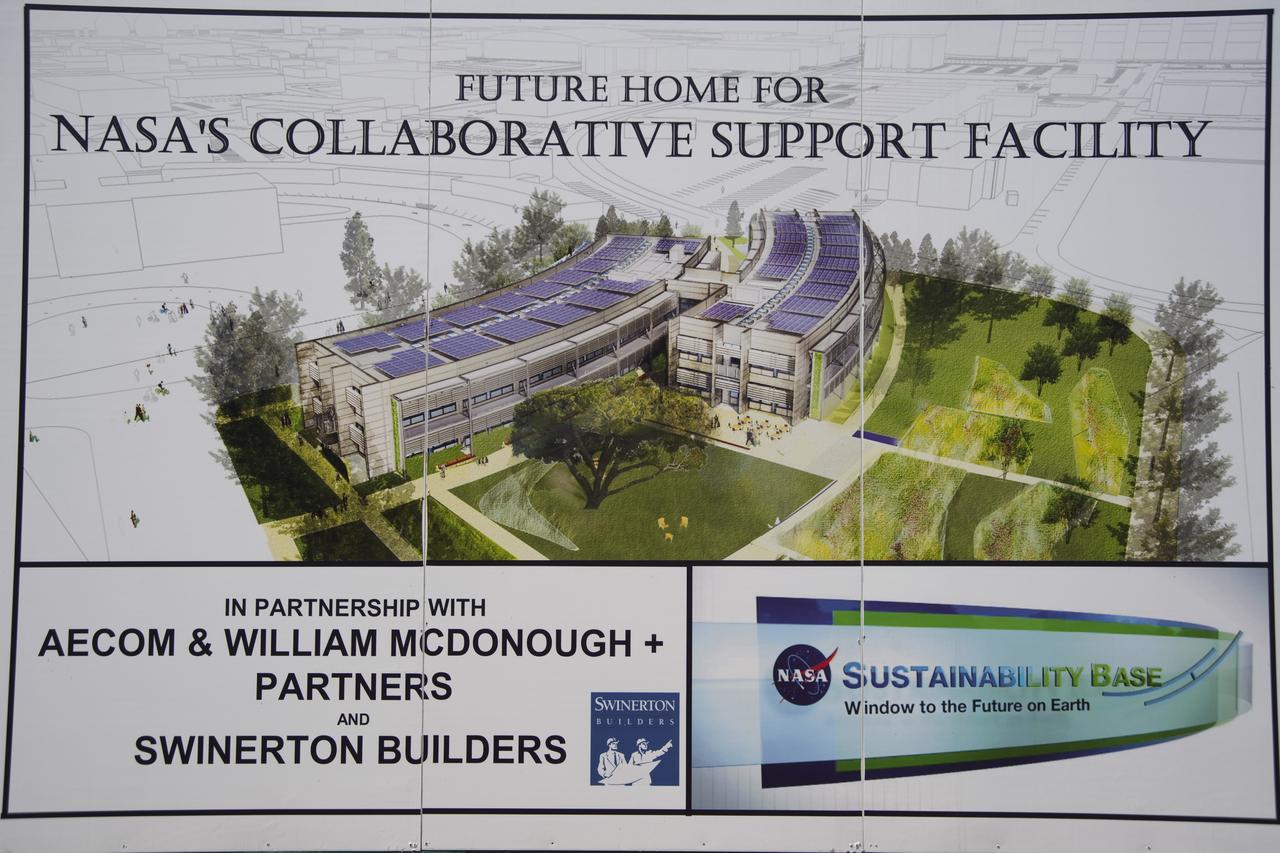 Construction of the new NASA Ames Green Building dubbed Sustainability Base located on the Ames Research Center campus at Moffett Field, CA.  Construction Sign. 'Future home of for NASA's Collaborative Support Facility' in partnership with AECOM & William McDonough + Partners and Swinerton Builders ....Sustainability Base ..window to the future on Earth.