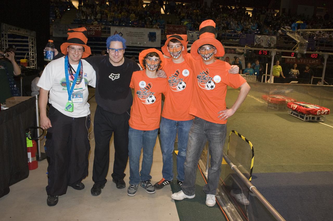 For Inspiration and Recognition of Science and Technology; FIRST Robotics Competition 2010 Silicon Valley Regional held at San Jose State University, San Jose, California  The Wild Hats of Woodside H.S. & Carlmont H. S. & Sequoia H.S & Sequoia H.S. District, CA Team 100 with Mark Leon, NASA Ames Reseach Center (in trademark blue hair)