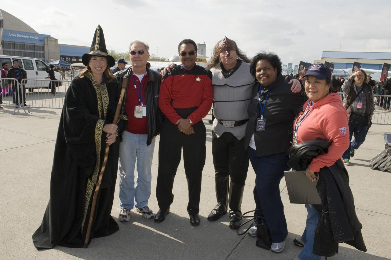 2010 Yuri's Night celebration held at the NASA Ames Research Center, Moffett Field, Calif. as part of the world wide celebration of the first man in space and the Space Shuttle program that followed 20 years later. From left to Right, Wizard Lori Garver, Deputy Administrator of NASA, Jack Boyd, Senior Advisor to the Director, Lewis Braxton, III, Deputy Director of Ames Research Center, Klingon S. Pete Worden, Director, Ames Research Center, Karen Bradford, Chief of Staff, Deborah Feng, Director, Center Operations.