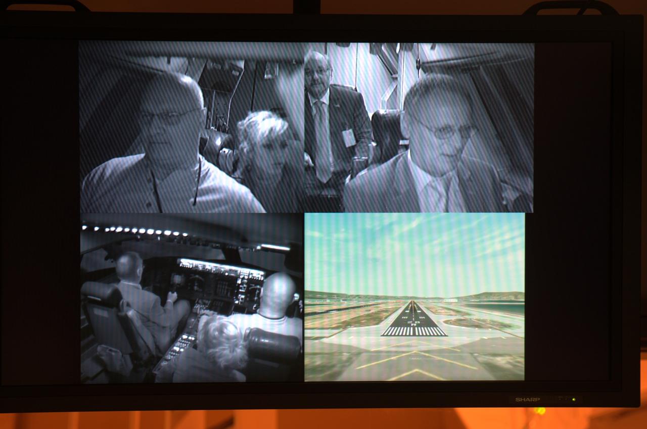 German Deligation visits Ames SOFIA Science Office for briefing and enjoy a Ames tour of CVSRF Simulator and 'fly' in the 774 cab with l-r Terrence Rager, Sandy Wrede, Eberhard Brockmann, and jochen Homann..