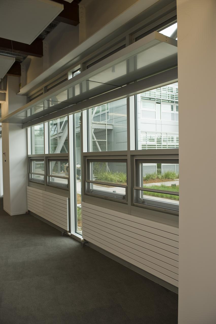 Construction of the new NASA Ames Green Building dubbed Sustainability Base located on the Ames Research Center campus at Moffett Field, CA. Interior windows.
