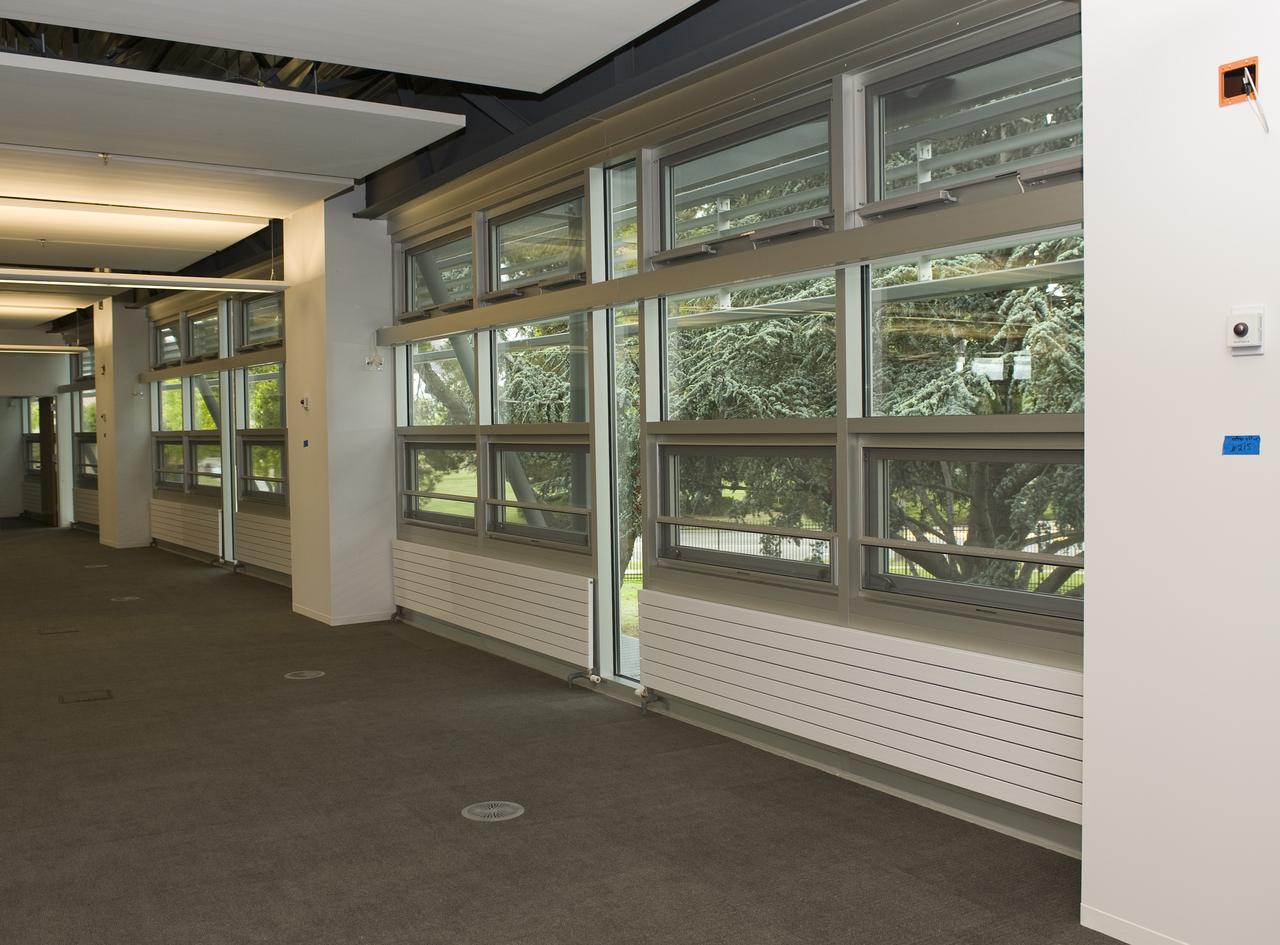 Construction of the new NASA Ames Green Building dubbed Sustainability Base located on the Ames Research Center campus at Moffett Field, CA. Interior windows.