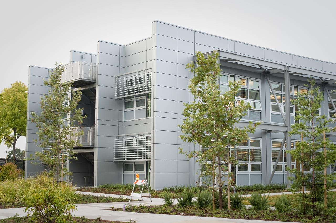 Construction of the new NASA Ames Green Building dubbed Sustainability Base located on the Ames Research Center campus at Moffett Field, CA. exterior views of building and landscaping