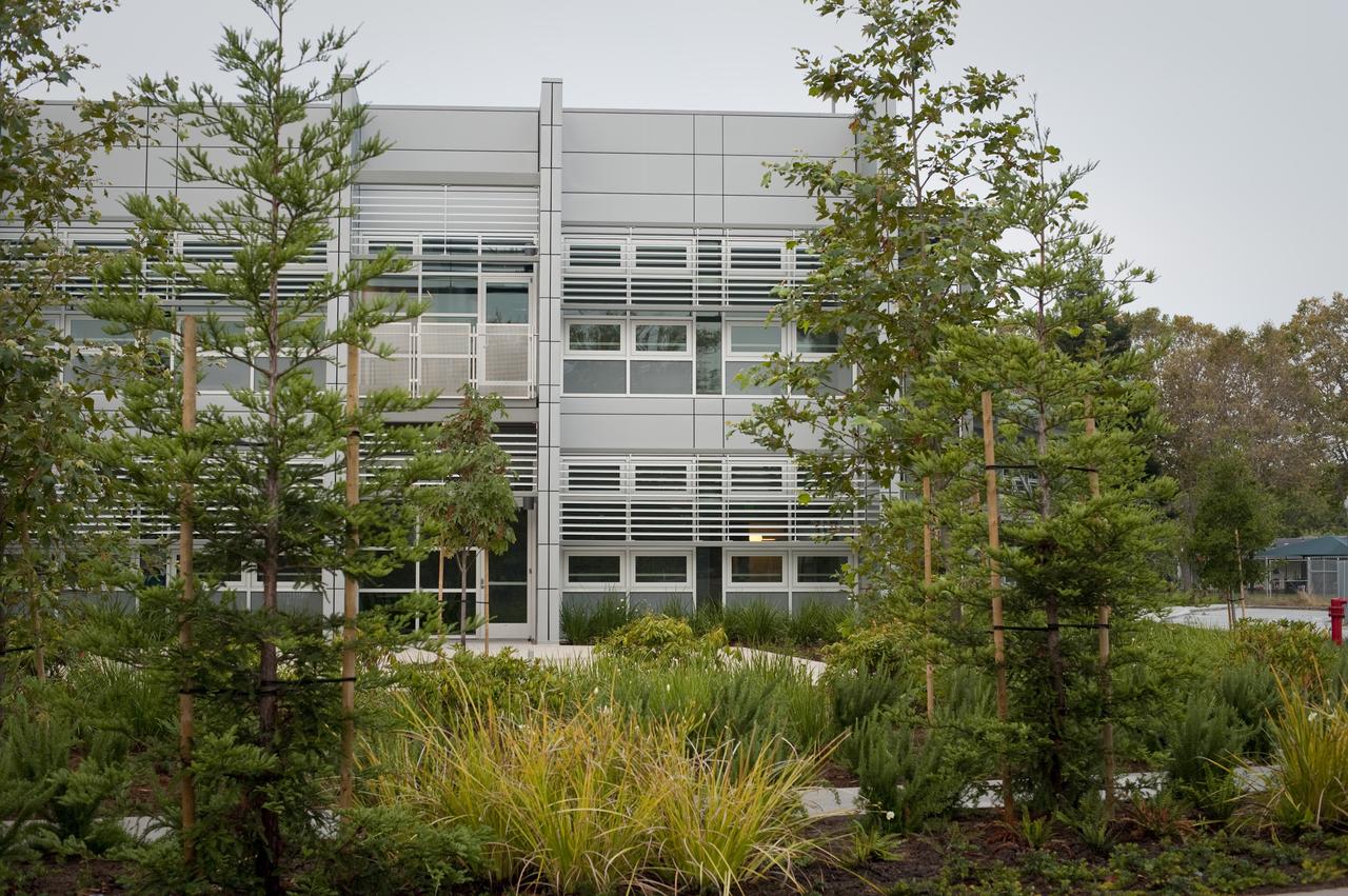 Construction of the new NASA Ames Green Building dubbed Sustainability Base located on the Ames Research Center campus at Moffett Field, CA. exterior views of building and landscaping