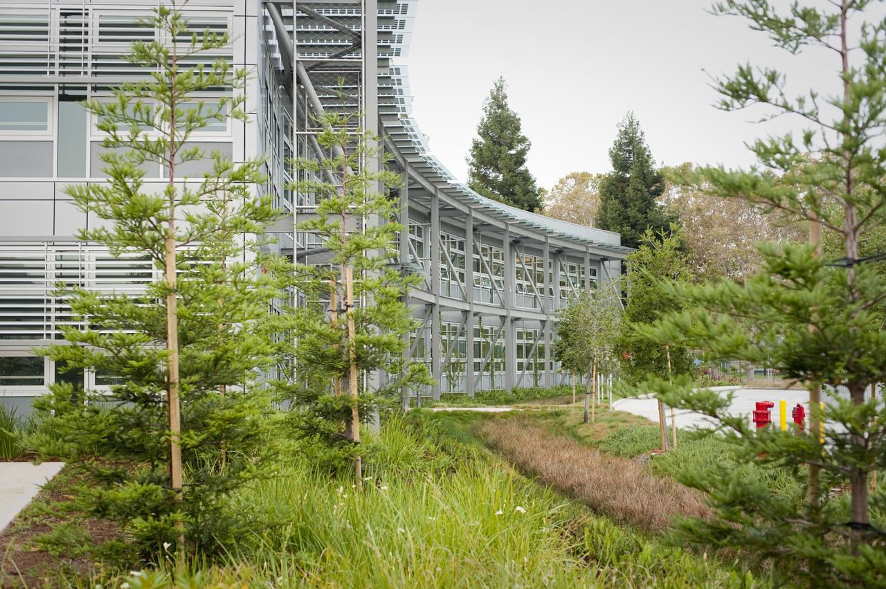 Construction of the new NASA Ames Green Building dubbed Sustainability Base located on the Ames Research Center campus at Moffett Field, CA. exterior views of building and landscaping