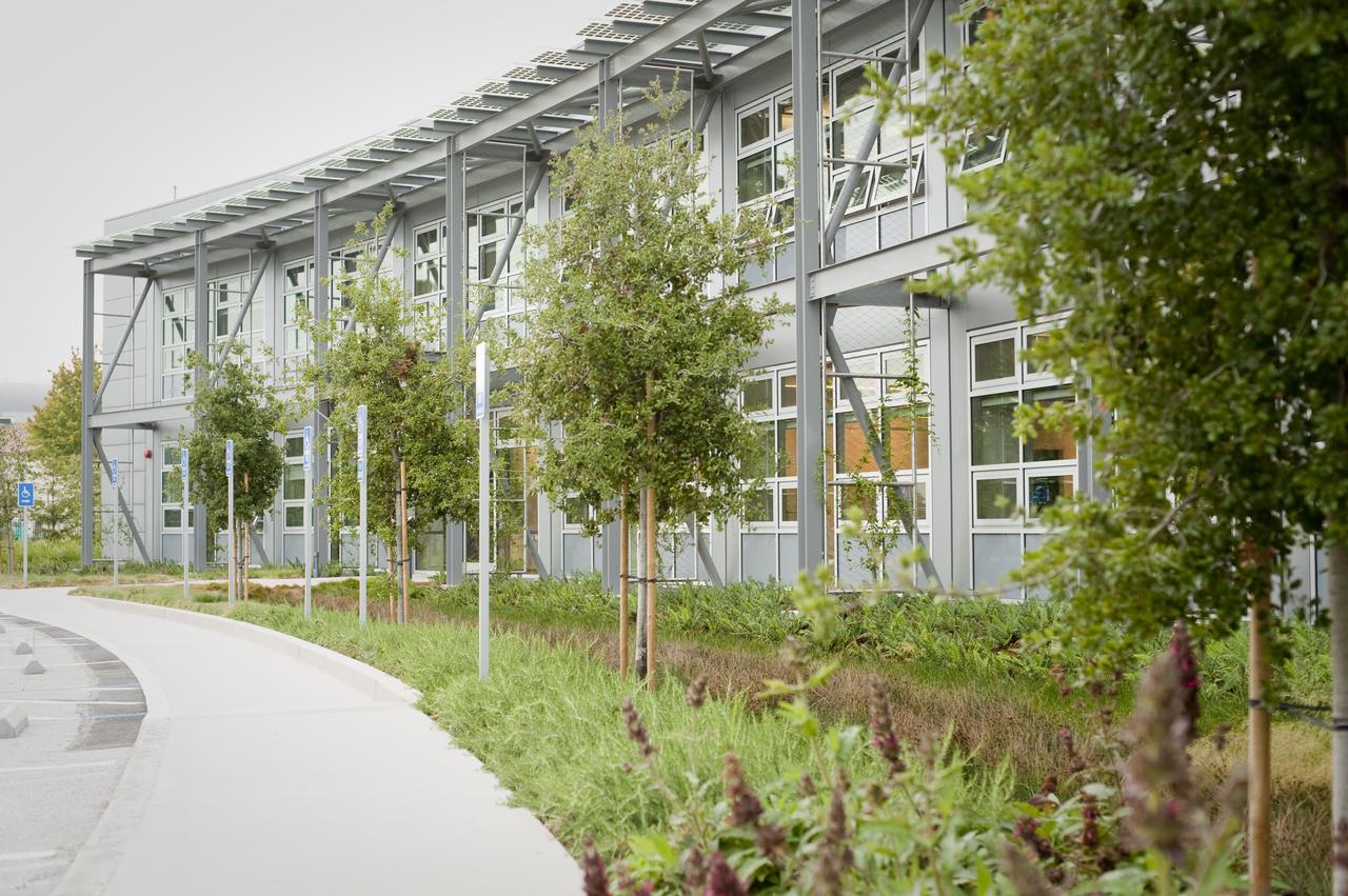Construction of the new NASA Ames Green Building dubbed Sustainability Base located on the Ames Research Center campus at Moffett Field, CA. exterior views of building and landscaping