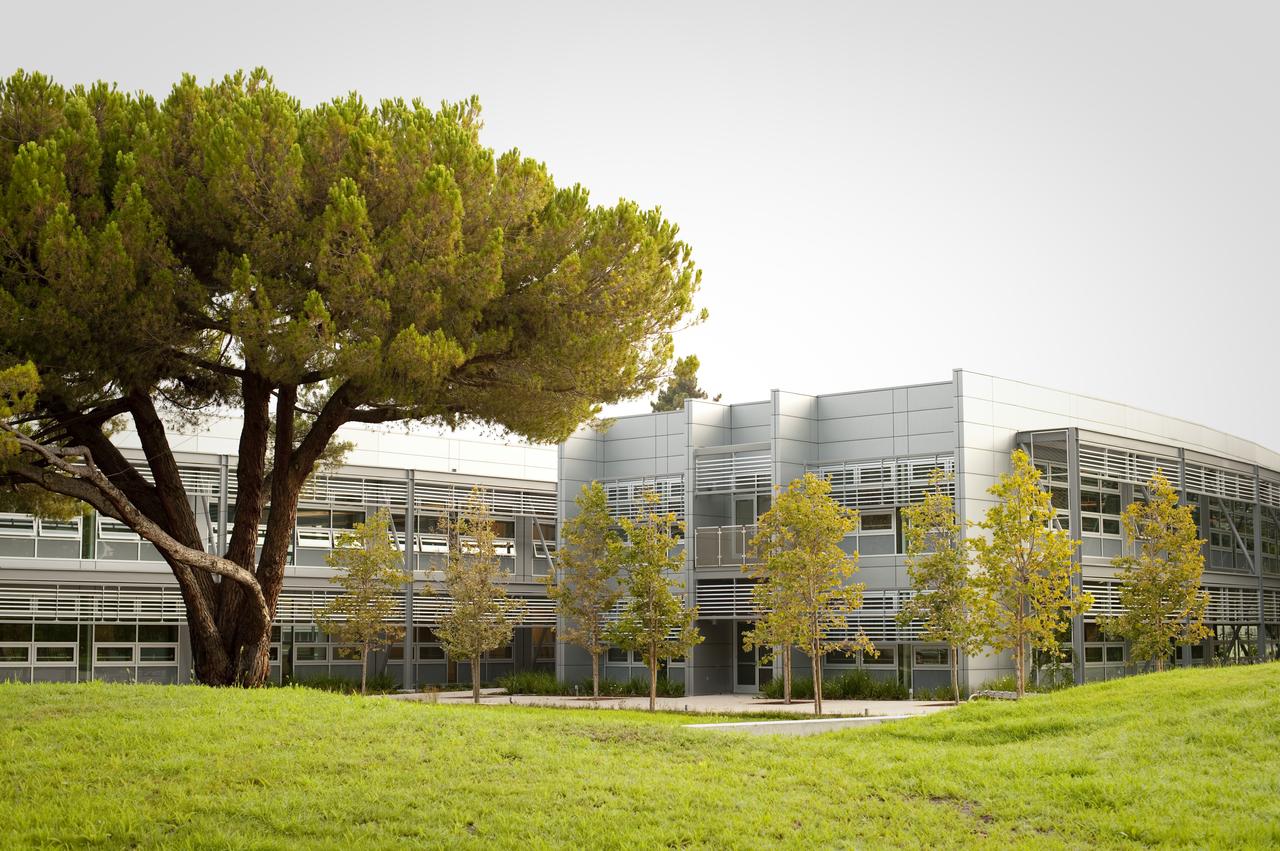 Construction of the new NASA Ames Green Building dubbed Sustainability Base located on the Ames Research Center campus at Moffett Field, CA.Courtyard and the back of building and landscaping