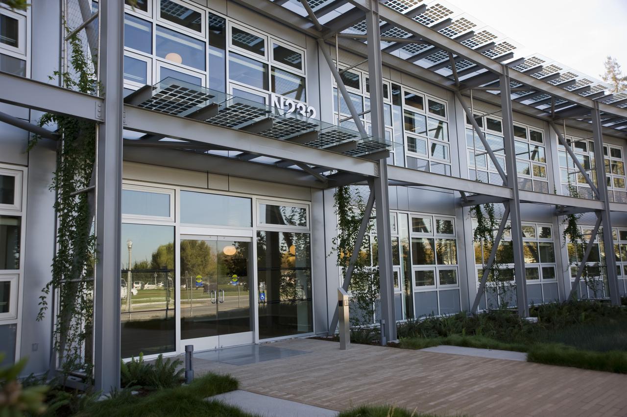 Construction of the new NASA Ames Green Building dubbed Sustainability Base located on the Ames Research Center campus at Moffett Field, CA. Front door and building sign.