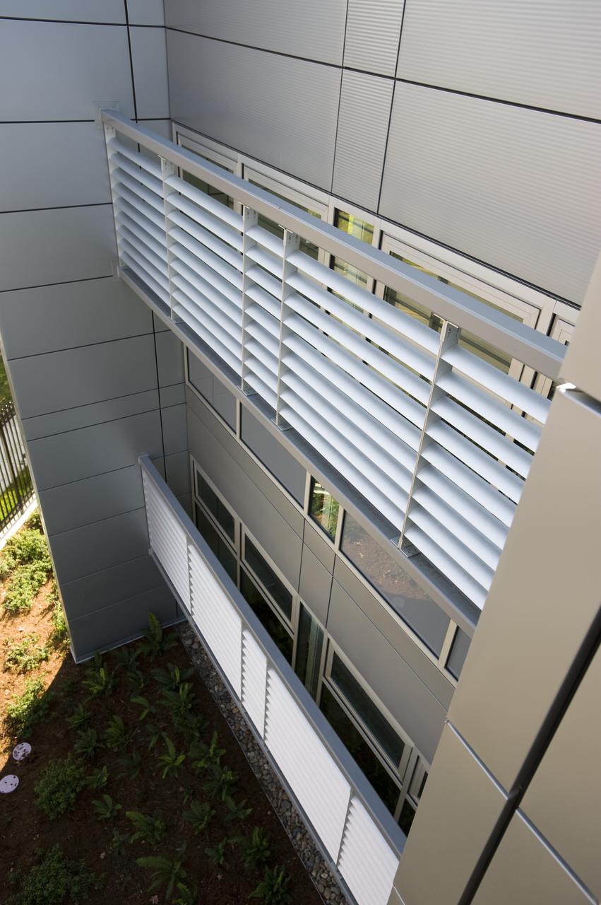 Construction of the new NASA Ames Green Building dubbed Sustainability Base located on the Ames Research Center campus at Moffett Field, CA. window shading on exterior of building