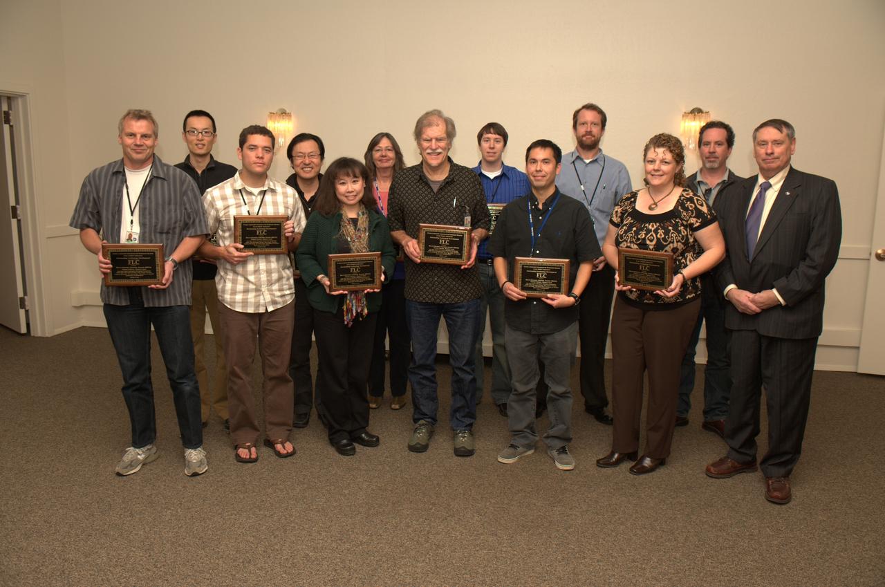 Technology Partnerships awards: Federal Laboratory Consortium Far West Region Award for Outstanding Technology Development for Multi-Aircraft Control System. In particular order are Connie Brasil, Todd Callantine, Al Globus, Jeff Homola, Rich Jacoby, George Lawton, Paul Lee, Matt Mainini, Joey Mercer, Ev Palmer, Tom Prevot, Nancy Smith, Easter Wang, James Wong.