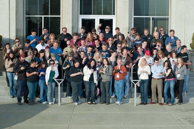 NASA Ames Tweetup and tour of center by invitation of the NASA Ames Public Affairs Office. Tweeter group in front of Ames Administration building N-200 .