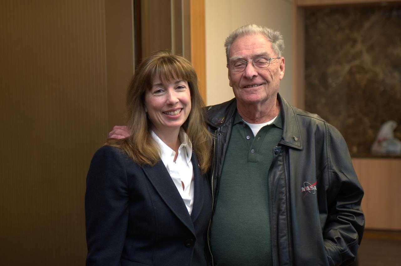 NASA Deputy Administrator Lori Garver visits Ames for a employee all-hands and press briefing during Budget 2012 rollout week.  Shown here with Jack Boyd.