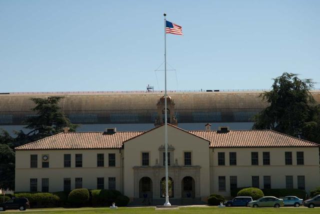 NASA Research Park (NRP) shenandoah Plaza Historic Buildings at Moffett Federal Airfield, CA B-17 Lunar Science Institute (a skinned Hangar One in background) taken by Photo summer student Shashank