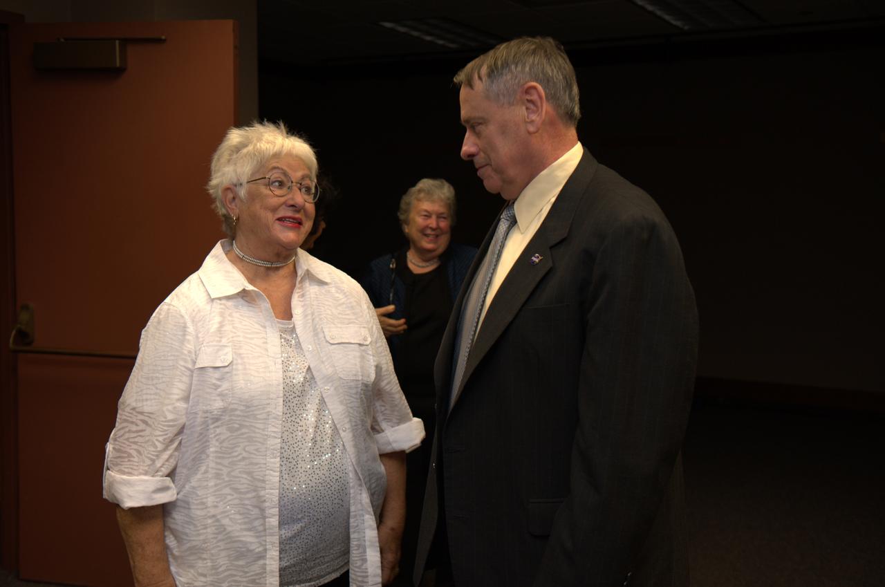 Ames officially renames its Main Auditorium (N201) in memory of former Ames Center Director Clarence 'Sy' Syvertson 1977 to 1984. Shown here on right is Mrs. JoAnn Syvertson and Ames Center Director S. Pete Worden 2006 -