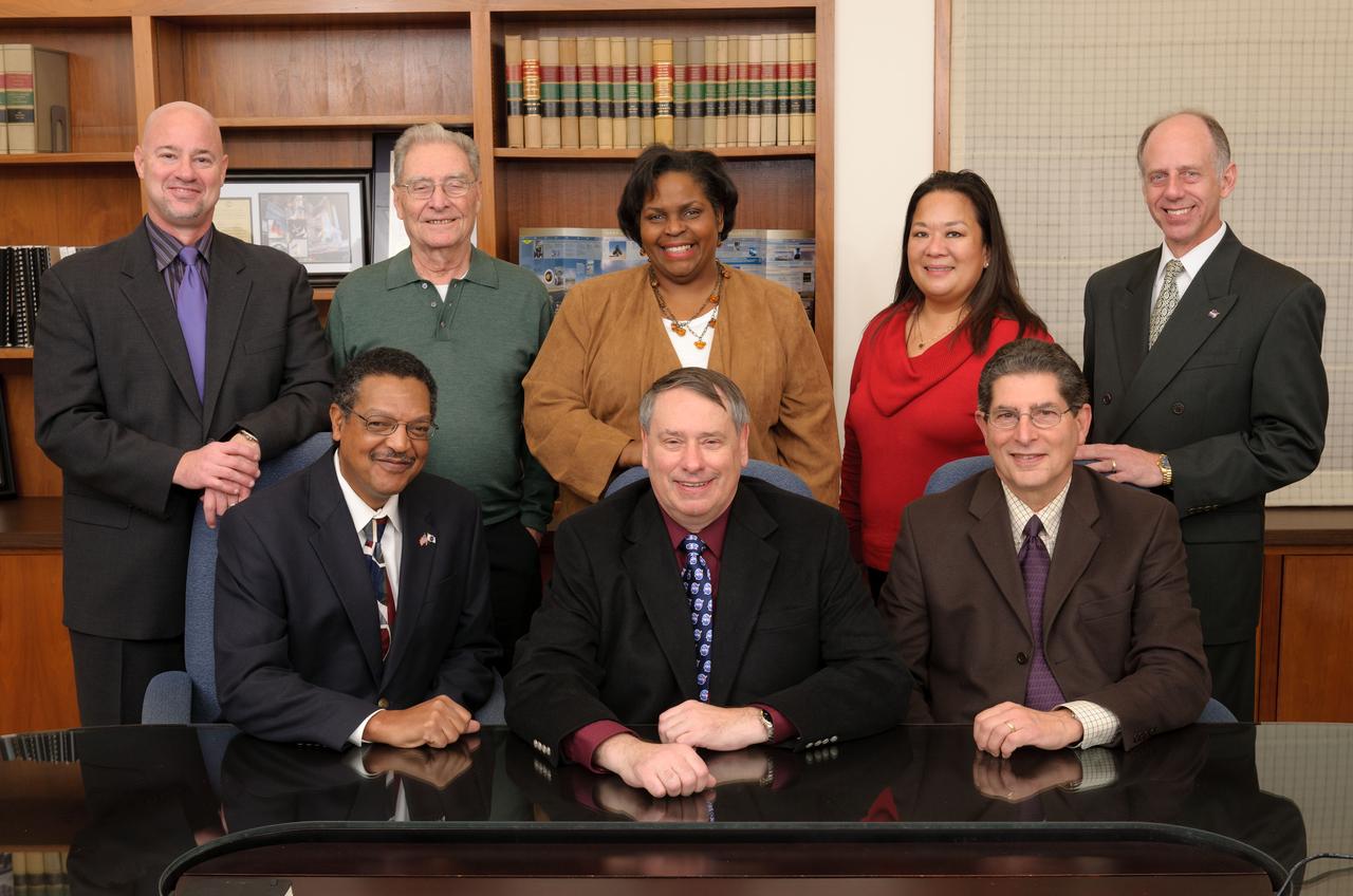 Director's Council, front row left to right, Lewis Braxton, Deputy Director of Ames, S. Pete Worden, Director of Ames, Steve Zornetzer, Associate Center Director. Back row left to right Paul Agnew, CFO, Jack Boyd, Sr. Advisor to the Center Director, Karen Bradford, Chief of Staff, Deb Feng, Deputy Director (Acting), Phil Fluegemann, Executive Officer for Deputy Director .