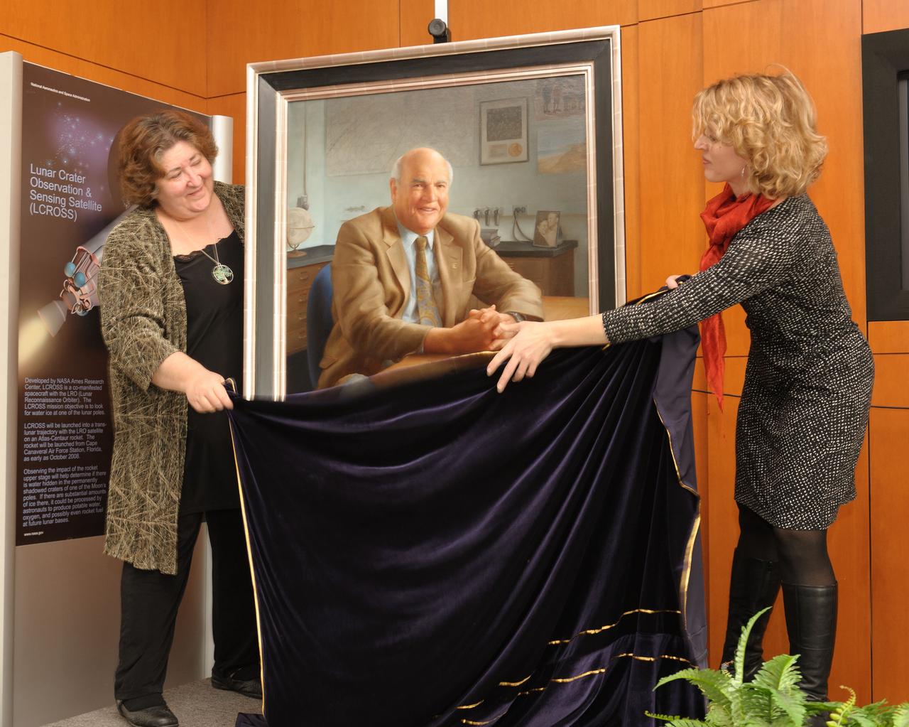 Dr. Brauch Blumberg portrait unveiling ceremony held at the Syverston Auditorium (N-201) NASA Ames Researc Center, Moffett Field, CA. Lynn Harper and Estelle Dotson (of NASA Astrobilolgy Institute) unveil portrait.