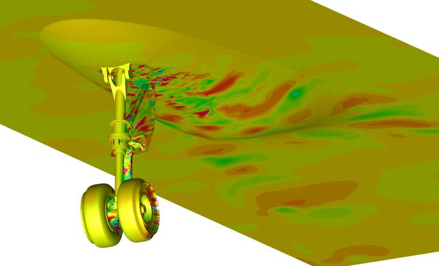 Snapshot from a simulation run on the Pleiades supercomputer. It depicts a fluctuating pressure field on aircraft nose landing gear and fuselage surfaces. The simulation helped scientists better understand the effects of landing gear and acoustic noise. The goal of the study was to improve the current understanding of aircraft nose landing gear noise, which will lead to quieter, more efficient airframe components for future aircraft designs. The visualization was produced with help from the NAS Data Analysis & Visualization group. Investigator: Mehdi Khorrami, NASA Langley Research Center.