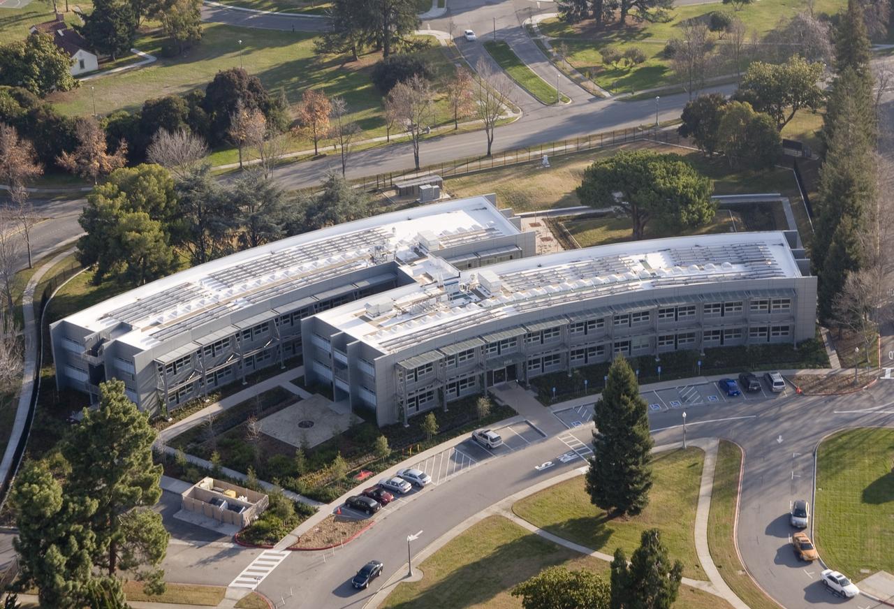 Aerial view of newly completed N-232 Sustainability Base at the NASA Ames Research Center, Moffett Field, CA.