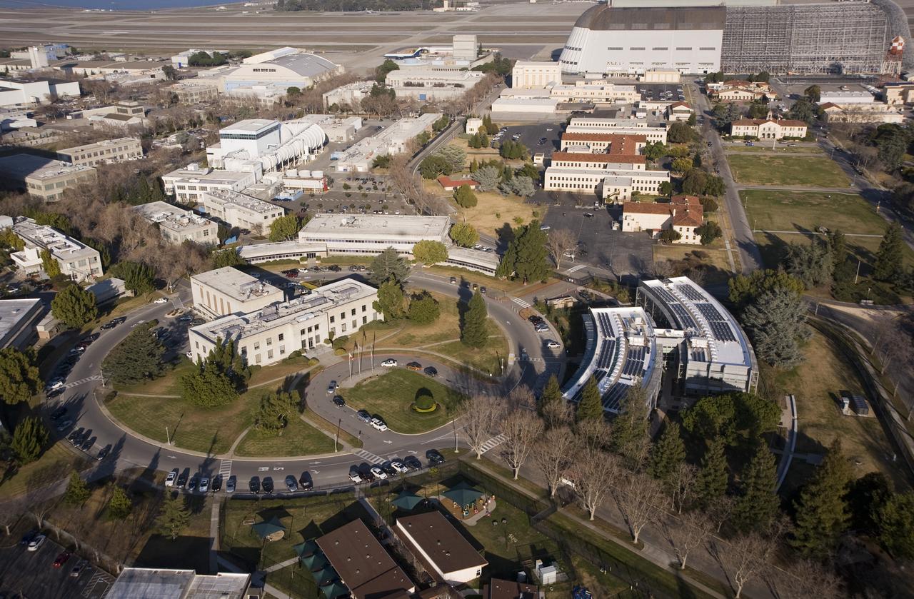 Aerial view of newly completed N-232 Sustainability Base at the NASA Ames Research Center, Moffett Field, CA.