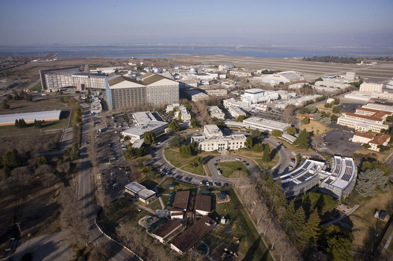 Aerial view of newly completed N-232 Sustainability Base at the NASA Ames Research Center, Moffett Field, CA.
