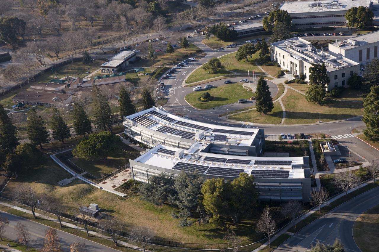 Aerial view of newly completed N-232 Sustainability Base at the NASA Ames Research Center, Moffett Field, CA.