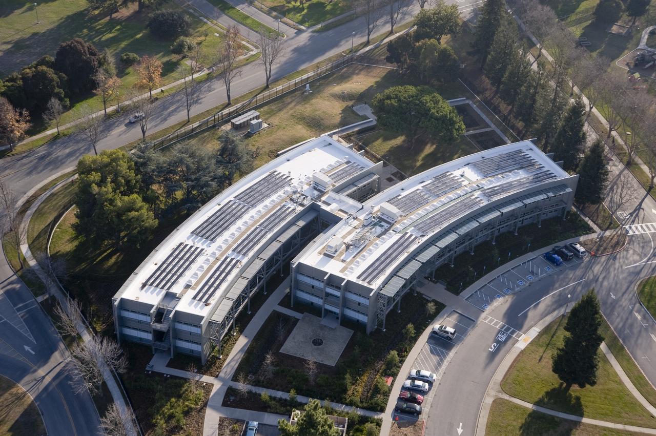 Aerial view of newly completed N-232 Sustainability Base at the NASA Ames Research Center, Moffett Field, CA.