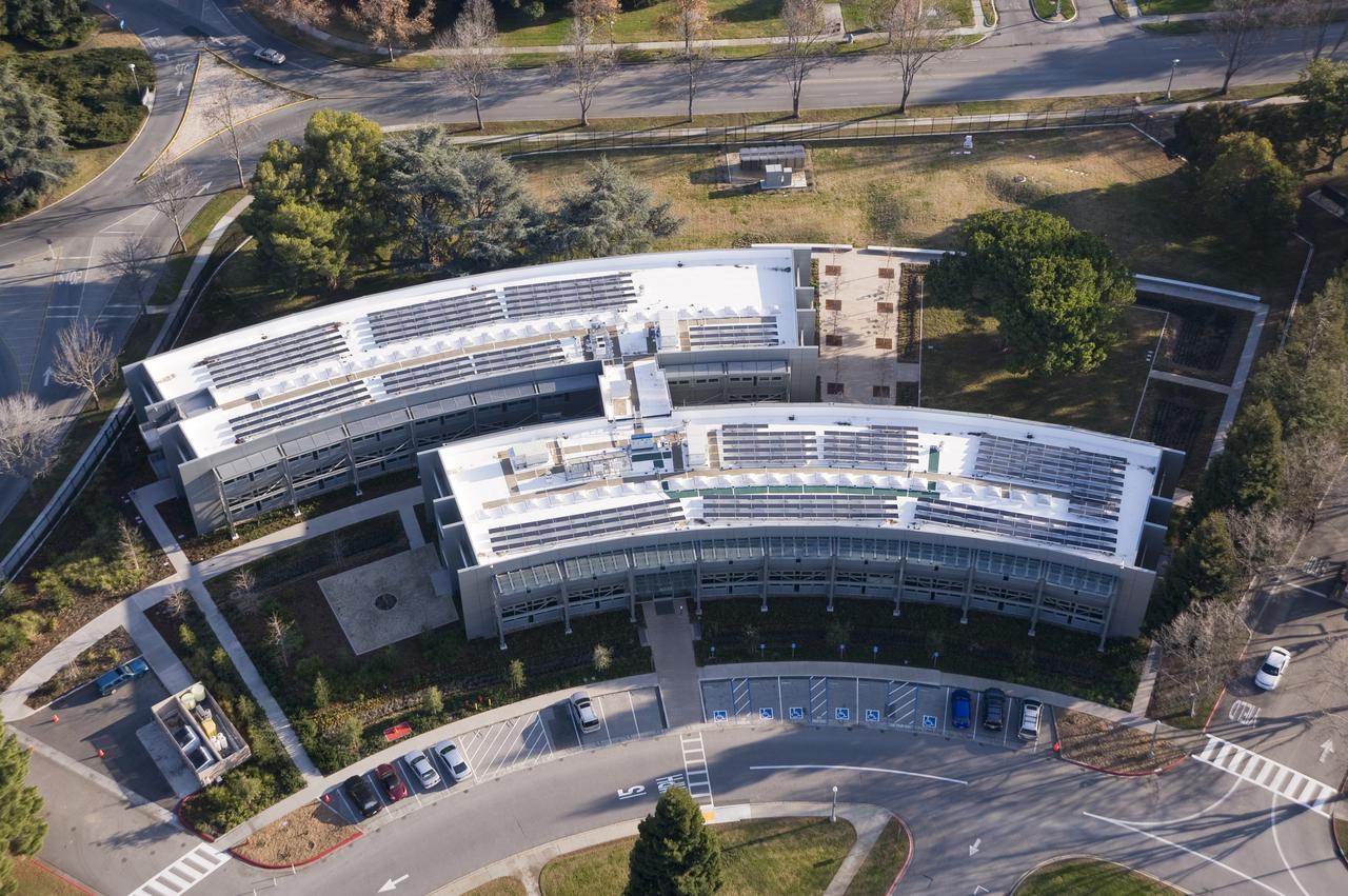 Aerial view of newly completed N-232 Sustainability Base at the NASA Ames Research Center, Moffett Field, CA.