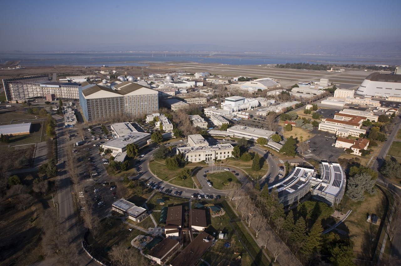 Aerial view of newly completed N-232 Sustainability Base at the NASA Ames Research Center, Moffett Field, CA.