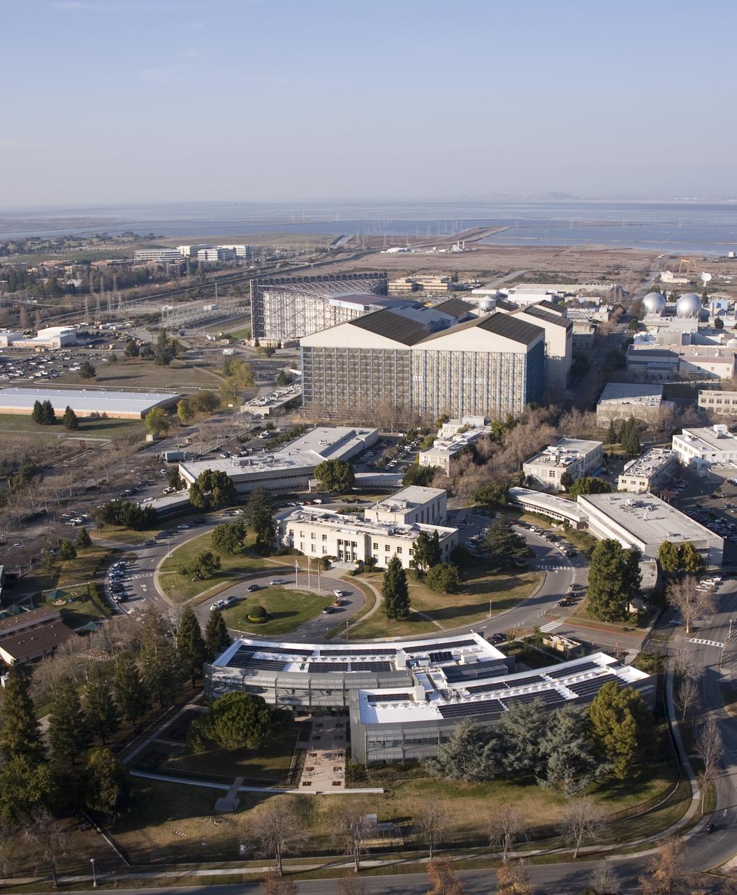 Aerial view of newly completed N-232 Sustainability Base at the NASA Ames Research Center, Moffett Field, CA.