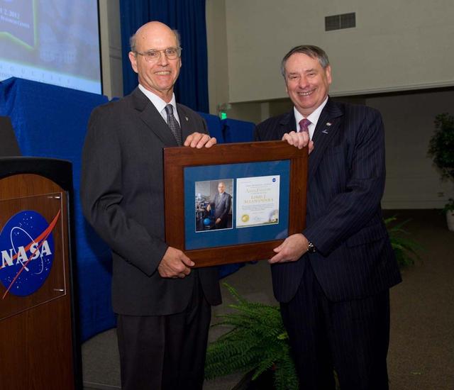 Ames 2012 Fellows Awards Dinner Honoring inductees Lousi J. Allamandola, Wayne R. Johnson, Baruch S. Blumberg and Hans Mark (showing Allamandola and Pete Worden)