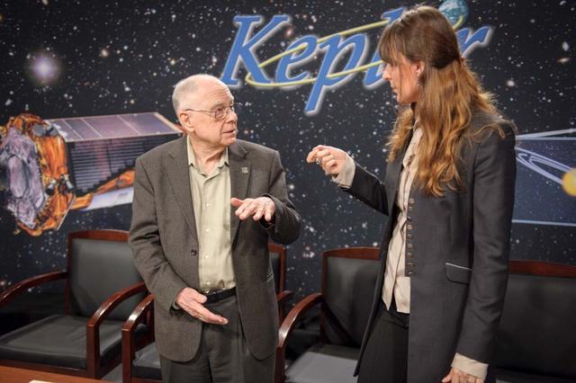 Kepler News Briefing, held in the Syvertson auditorium at the NASA Ames Research Center. The briefing presented discoveries from the continuing Kepler mission (K2).  The team discovered some of the smallest planets found in the habitable zone of two newly discovered planetary systems. Bill Borucki (left), Kepler Scientist, Principal Investigator, NASA Ames Lisa Kaltengger (right), Research Group Leader, Max Planck Institute for Astronomy, Heidelberg Germany and Research Associate, Harvard-Smithsonian Center for Astrophysics, Cambridge Massachusetts.