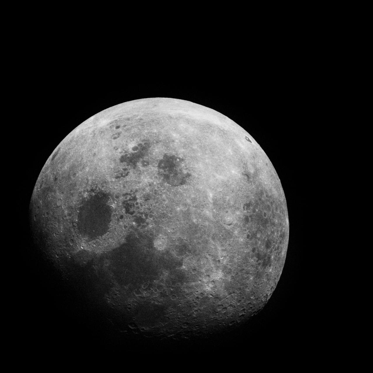Apollo 8, Entire Moon. Possible Filter. Taken during the Transearth Coast (TEC). Original Film Magazine was labeled G. Camera Data: 70mm Hasselblad. Film Type: Kodak SO-2458 Black and White,ASA 2000. December 21-27,1968.
