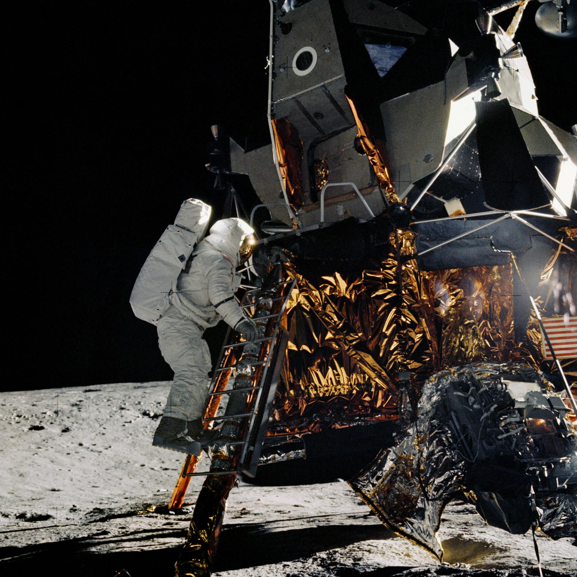 Al Bean descends the ladder from the Lunar Module to the Moon's surface.