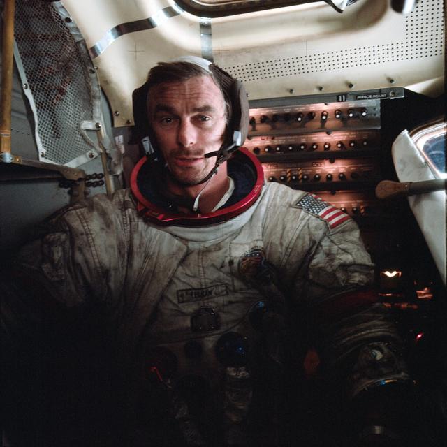 Astronaut Eugene Cernan inside the lunar module on lunar surface after EVA